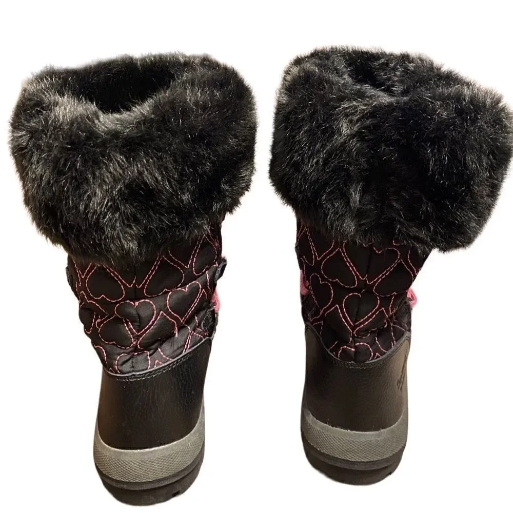 BEARPAW Meredith Girls Pink Black Heart Waterproof Snow Boots Youth 5 faux fur